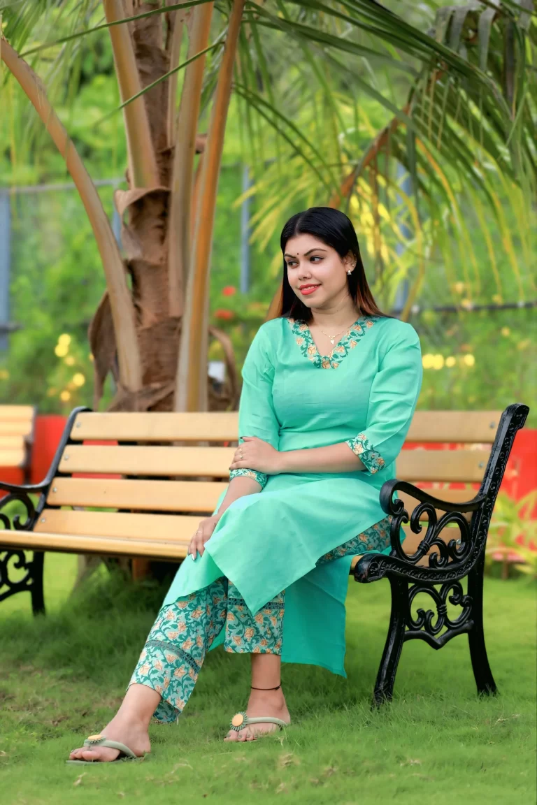 A modern ethnic outfit from Janki Design in Kochi showcasing a perfect blend of traditional craftsmanship and contemporary fashion elegance.