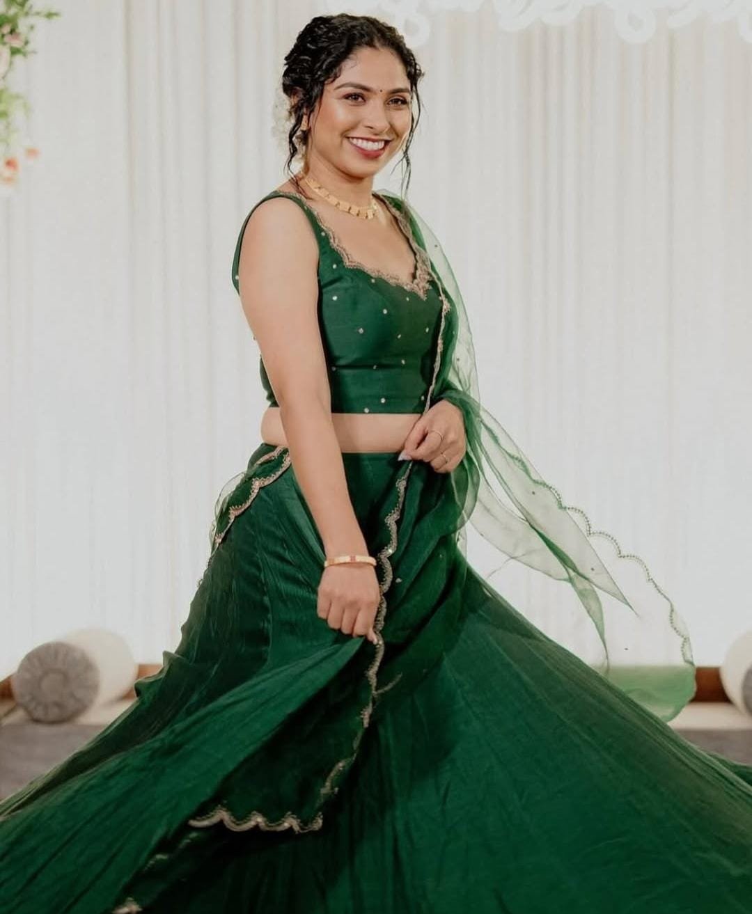 Pure silk green dhavani for engagement or function by Janki Design